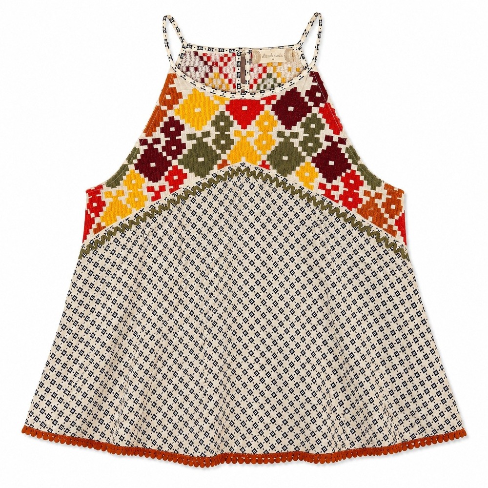 Altar'd State Boho Halter Tank Top Multi-Color Geometric Pom‎ Pom Trim M Fairy